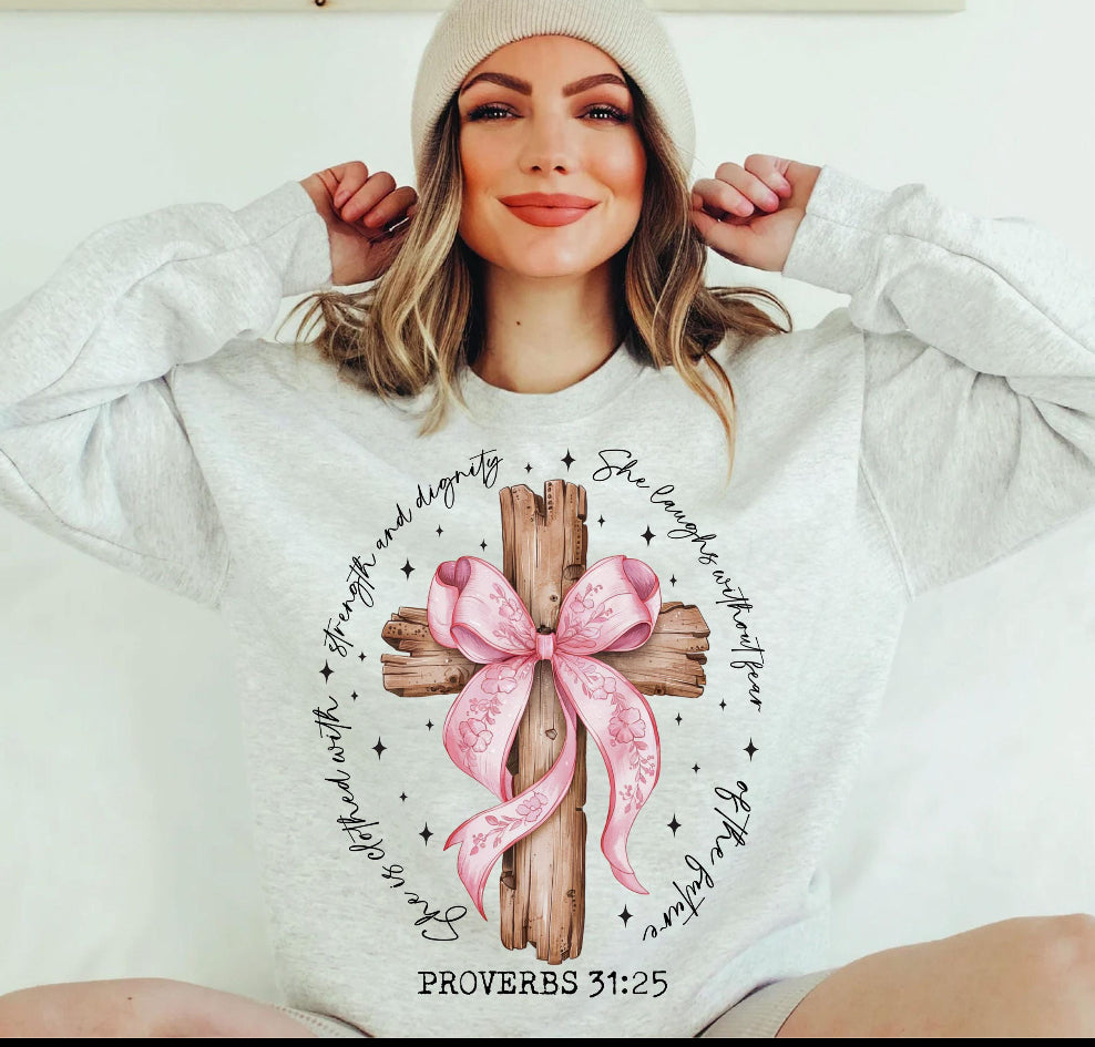 Adult Sweatshirt Christian She Is Bible Verse Design, Pink Bow Cross