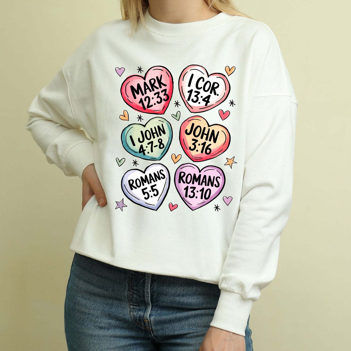 Adult Valentine Crewneck Sweatshirt Sweater Christian Bible Verse Cany Hearts