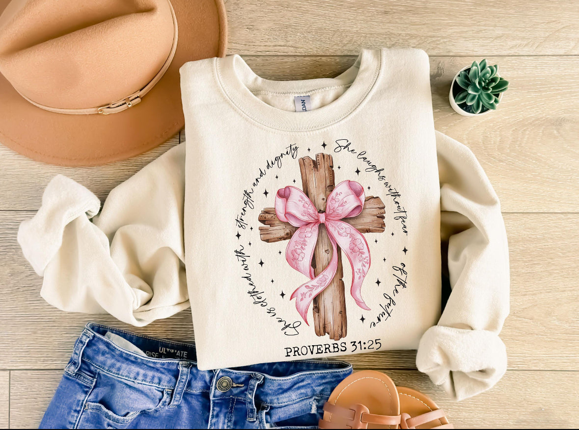 Adult Sweatshirt Christian She Is Bible Verse Design, Pink Bow Cross