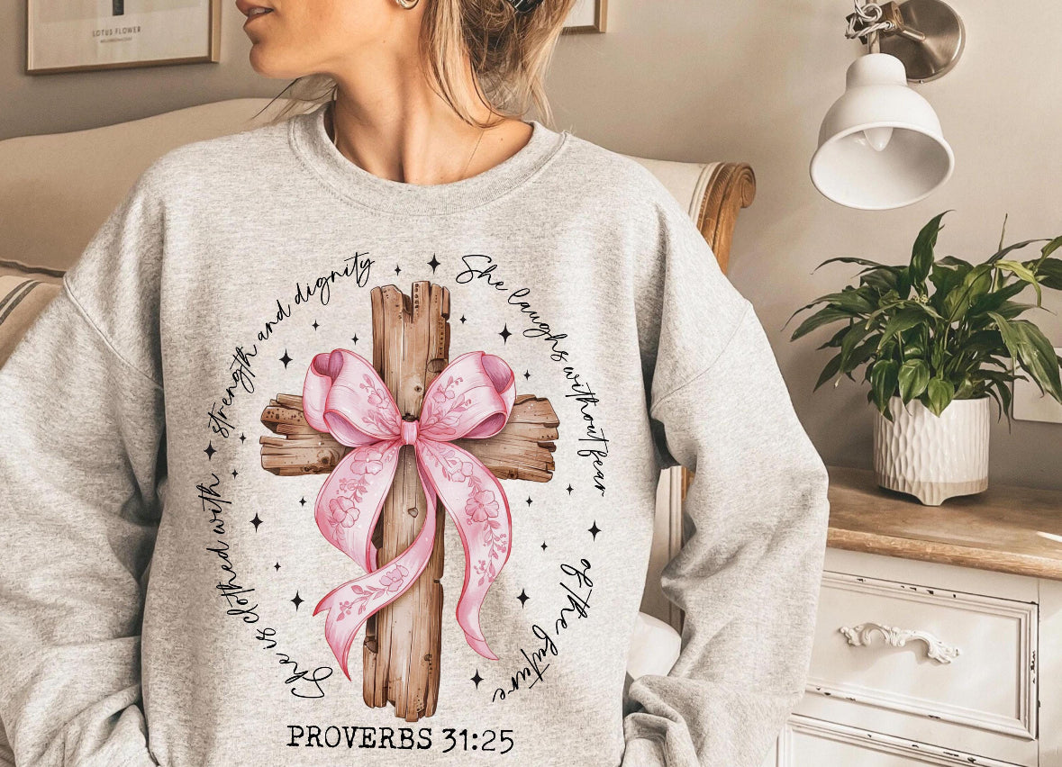 Adult Sweatshirt Christian She Is Bible Verse Design, Pink Bow Cross