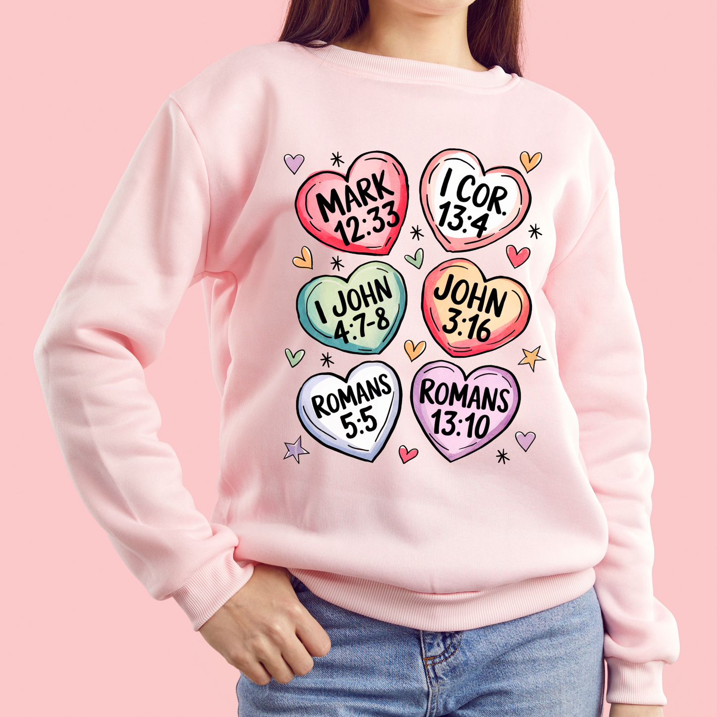 Adult Valentine Crewneck  Sweatshirt Sweater Christian Bible Verse Cany Hearts