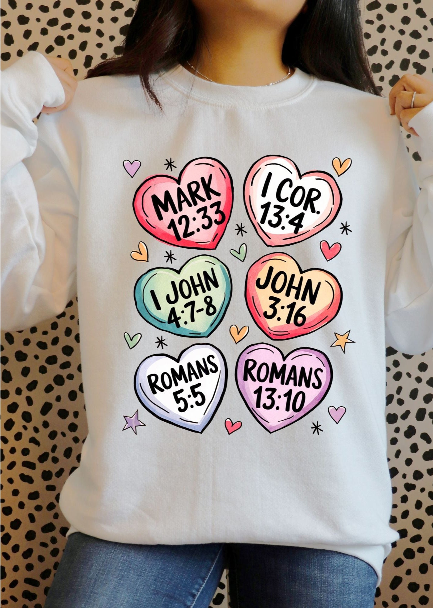 Adult Valentine Crewneck  Sweatshirt Sweater Christian Bible Verse Cany Hearts