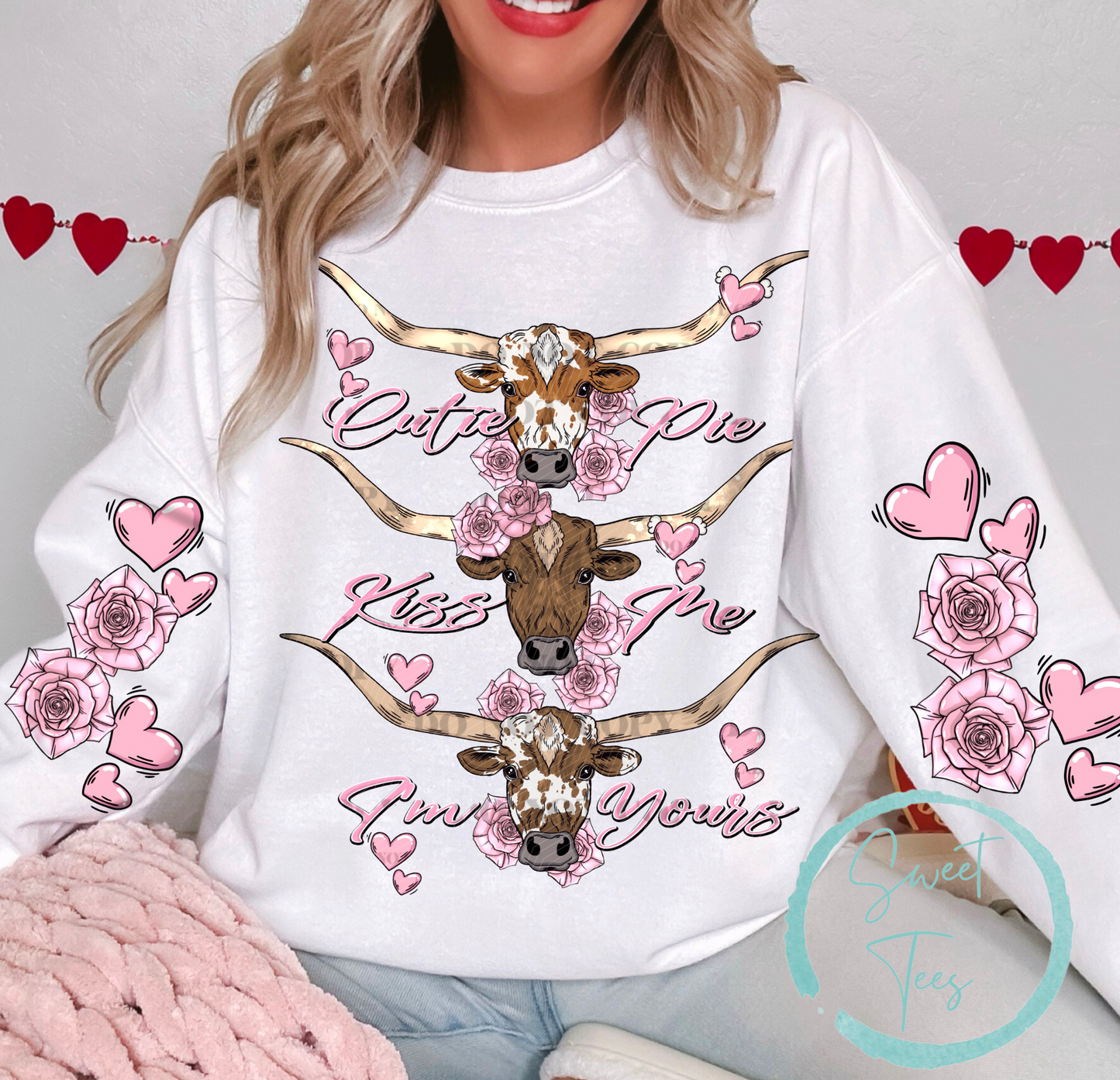 Crewneck Sweater Sweatshirt Valentine Longhorn Cutie Pie- Kiss Me