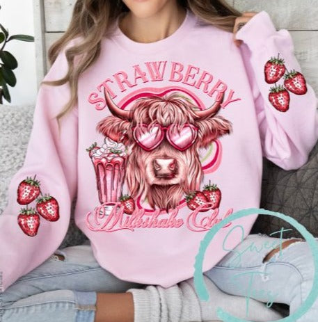 Crewneck Sweater Sweatshirt Highland Cow Strawberry Milkshake